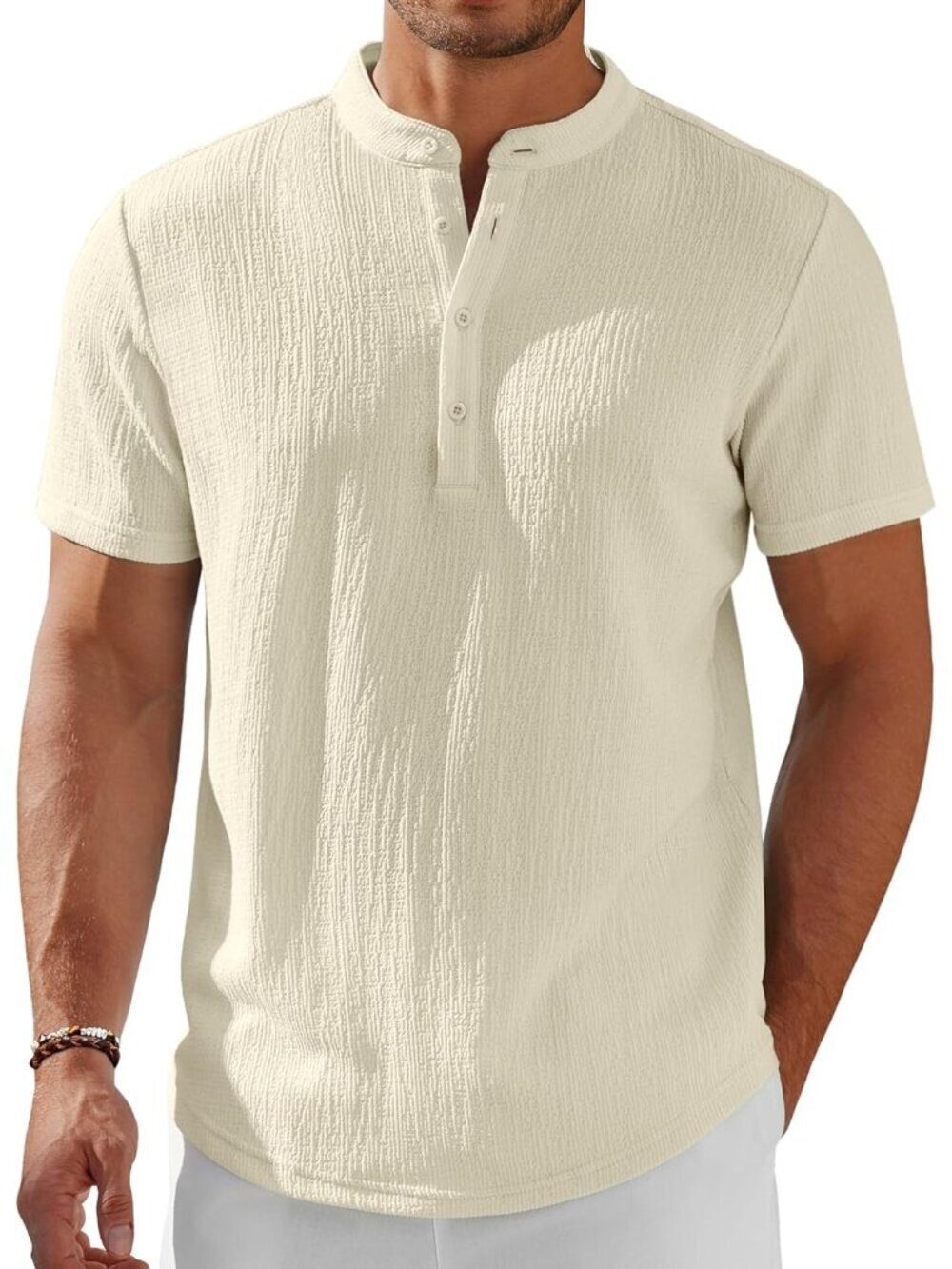 Men's Beige Henley Short Sleeve Stand Collar Summer Casual Hippie Shirts